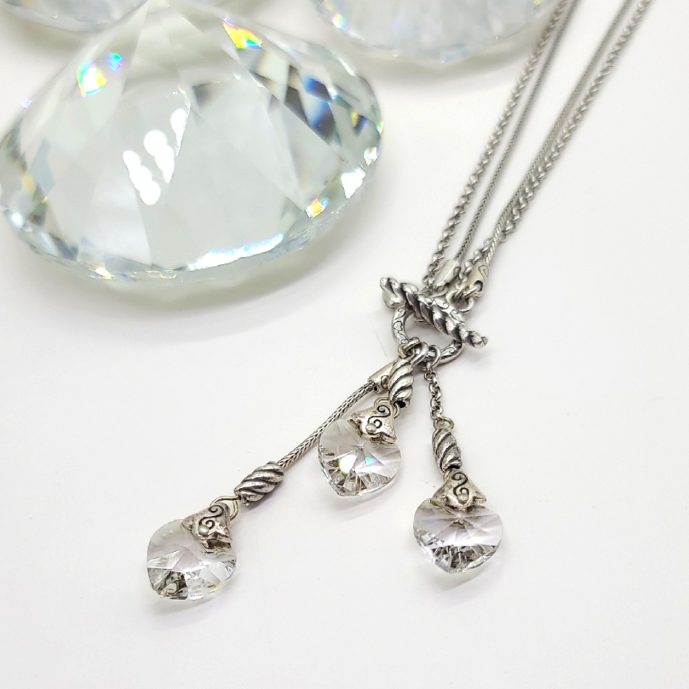 Rare! Brighton "KRISTAL" Triple Faceted Swarovski Hearts w Double Chain & Toggle